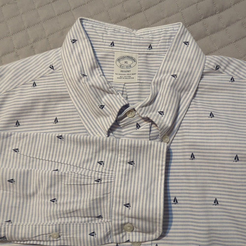 Brooks Brothers Regent Men XL White Blue Stripe Sailboat Long Sleeve Shirt‎